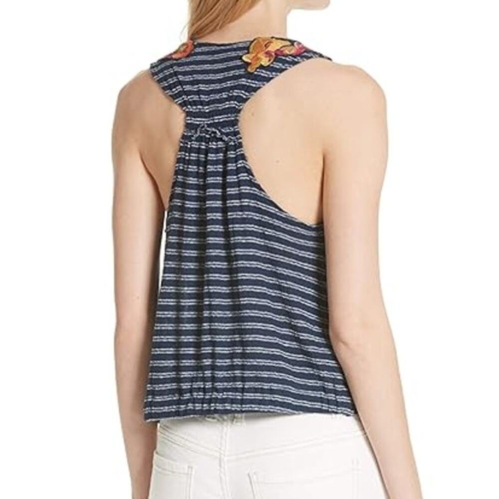 Free People Frida Embroidered Striped Tank Navy Womens Small Floral Flattering - Picture 2 of 9